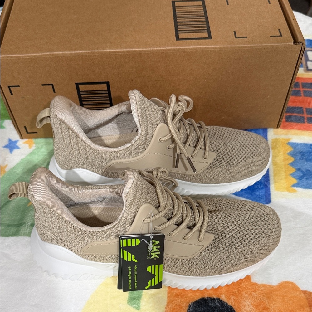 Beige Knit Athletic Sneakers with White Sole